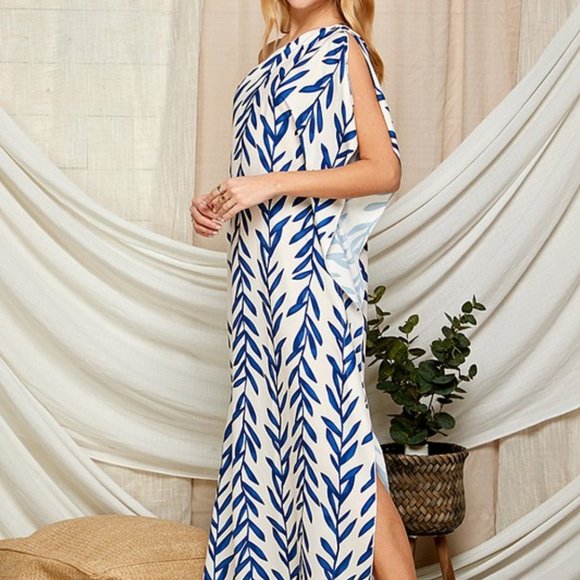 LEAF PRINT ONE SHOULDER SATIN MAXI DRESS - Picture 2 of 5